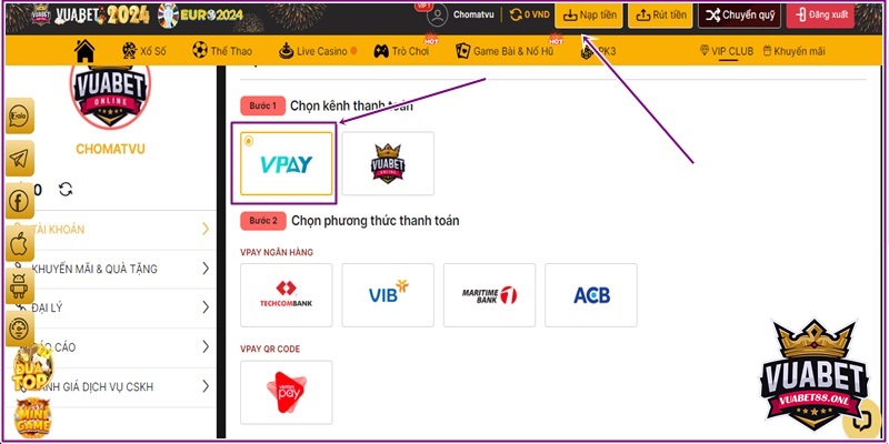 Nạp Tiền Vuabet88 Trực Tuyến Dễ Dàng, Nhanh Chóng, An Toàn 2 VPAY ngân hàng, giao dịch nhanh, nhận ngay điểm trong tài khoản